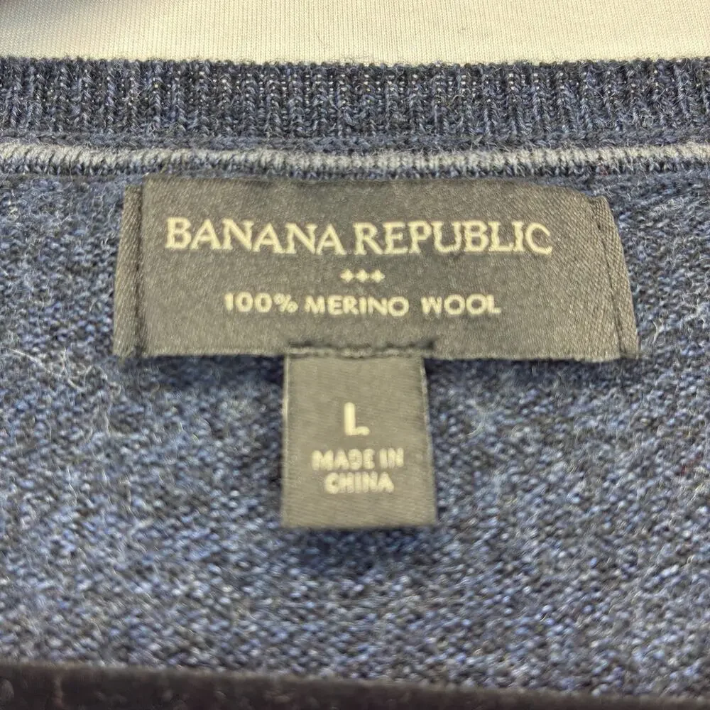 Banana Republic Men’s Large Merino Wool Sweater Blue Black V Neck Colorblock